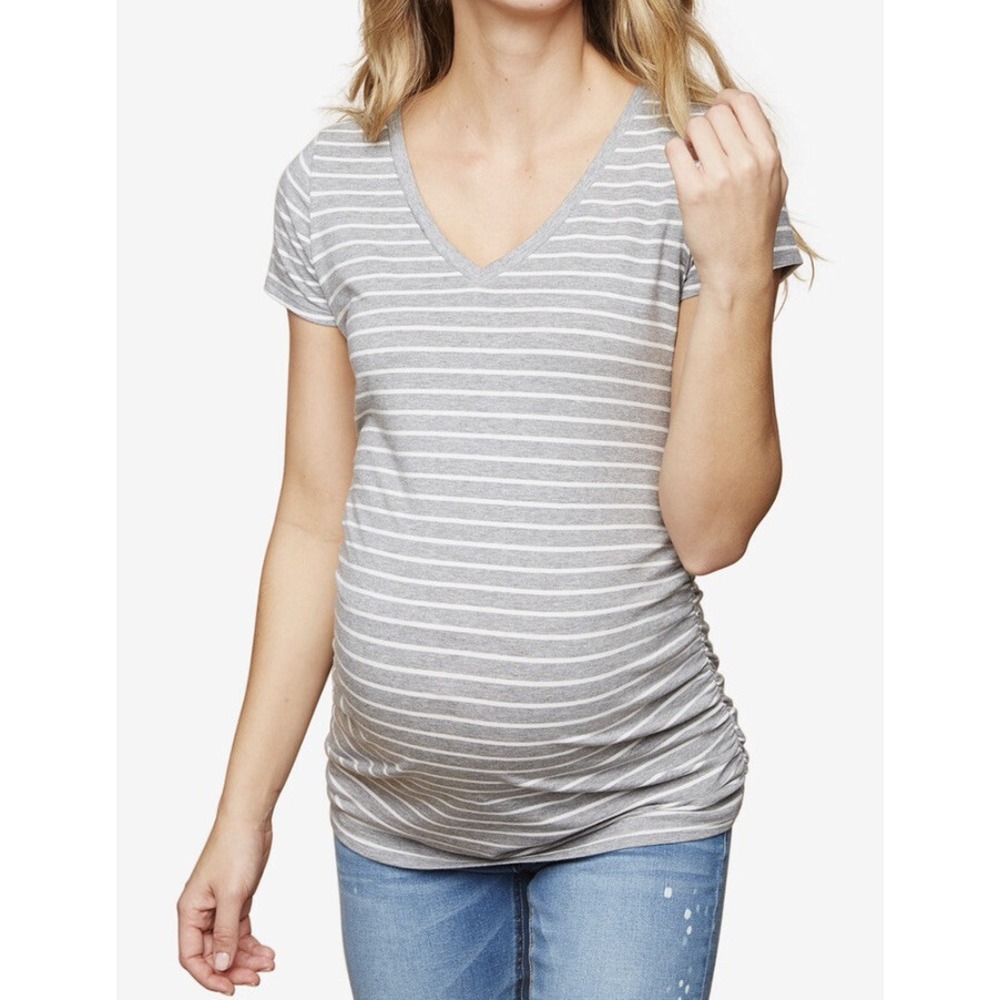 Motherhood MATERNITY Pullover Gray Short Sleeve V neck Ruched Top Size S NWT